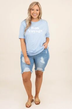 Without A Care Shorts, Medium Wash -Beyond Basics BonVoyageTee BabyBlue 8161