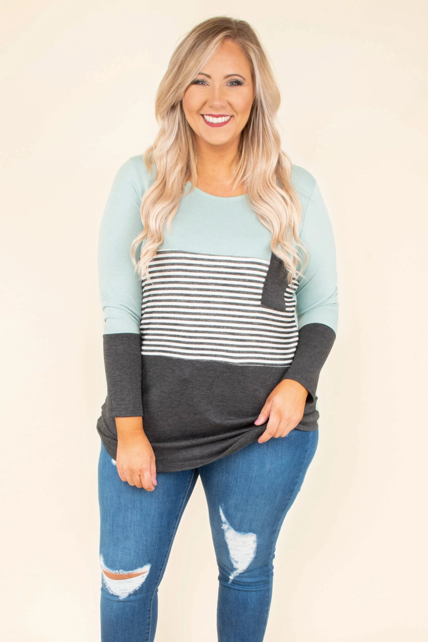 Blocked Off Top, Sage-Charcoal 3 Blocked Off Top, Sage-Charcoal