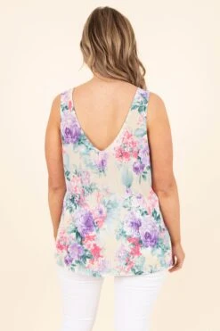 Floral Fancy Tank, Ivory-Neon Pink -Beyond Basics FloralFancyTank Ivory NeonPink