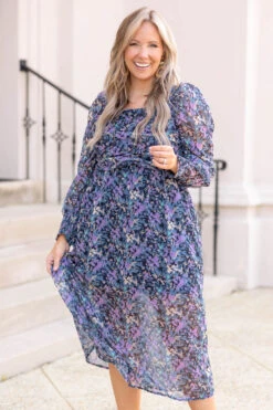 Flowers All Over Dress, Navy Orchid